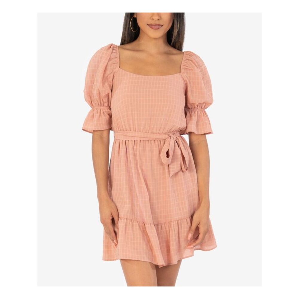 SPEECHLESS Womens Pink Belted Semi-Lined Pouf Sleeve Mini Fit + Flare Dress L